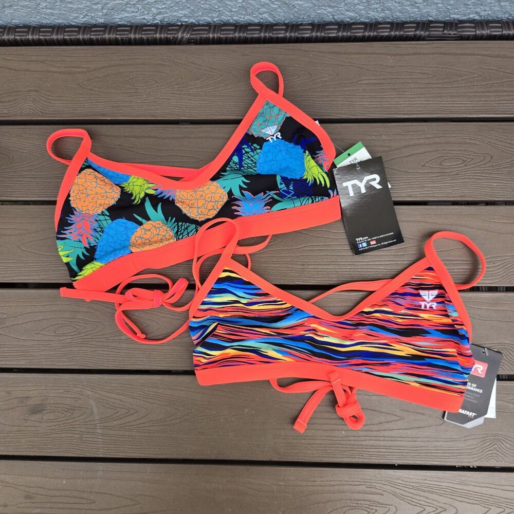 TYR Womens Durafast Tieback Orange Workout Bikini Top Bundle Of 2 Sz L NEW
